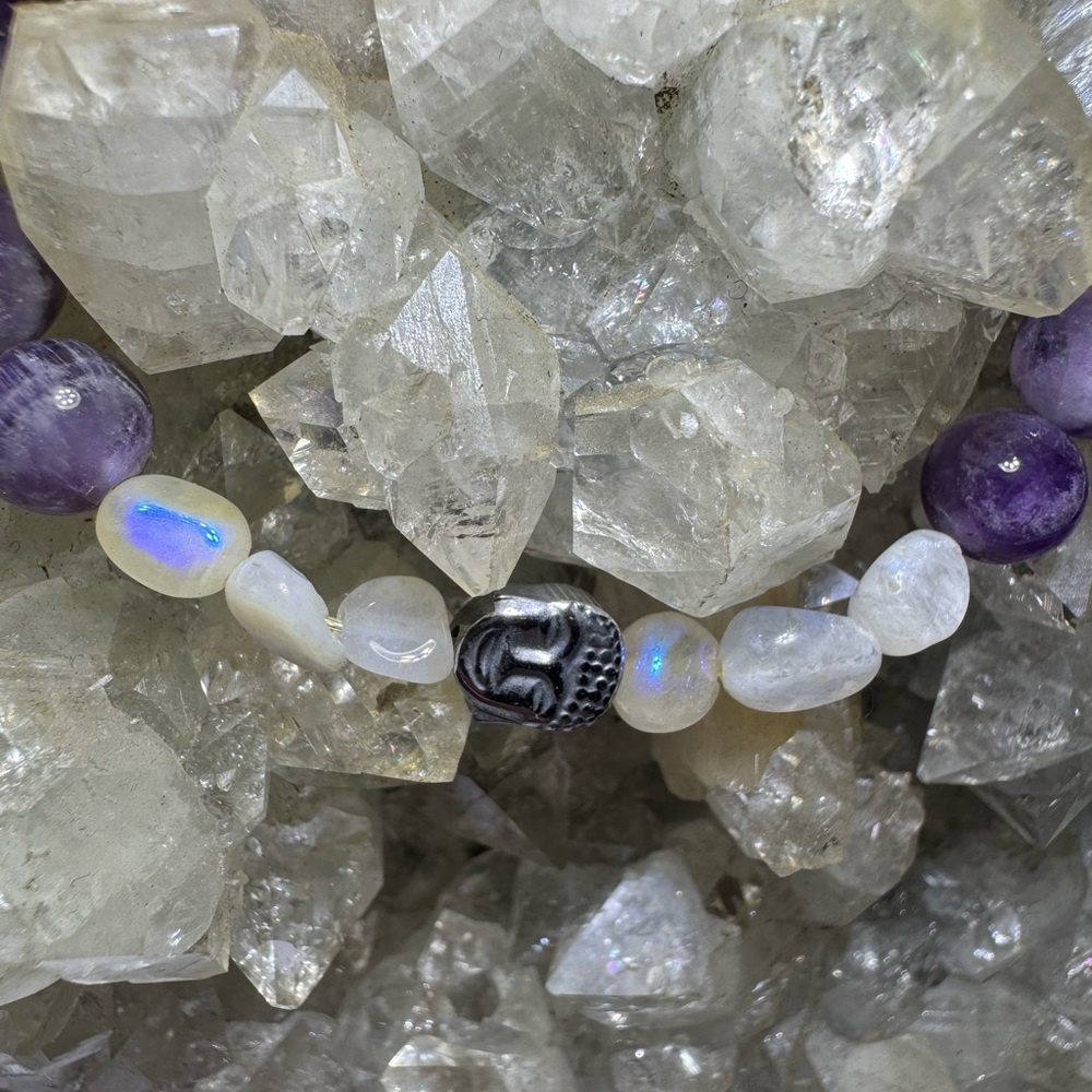 Amethyst and Moonstone Healing Crystal bracelet with Buddha bead